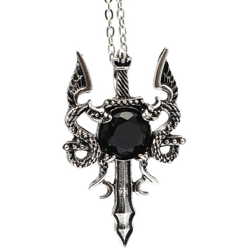 Natural Obsidian Dragon Sword Pendant Necklace, Gothic Jewelry — Pendant Necklace