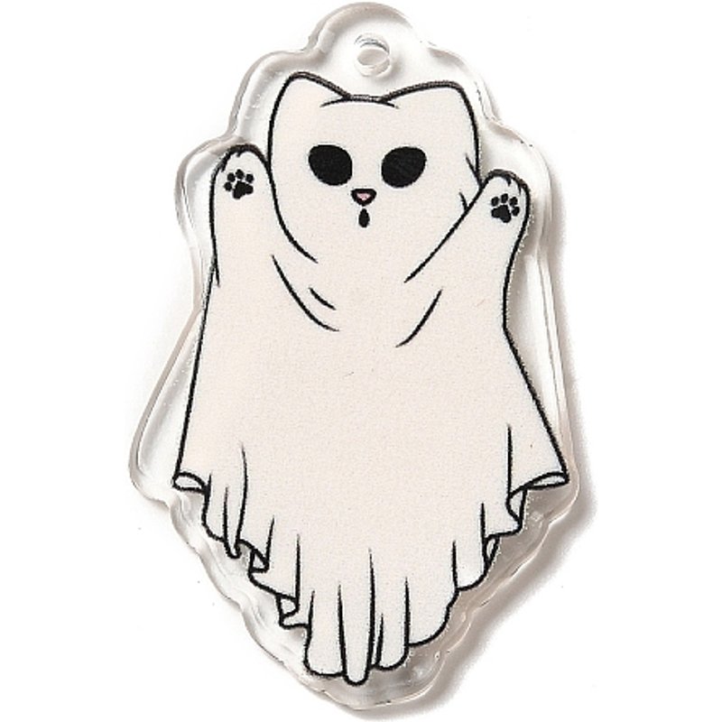 Pendentif en acrylique imprimé, charme de chat, blanc, 41.5x25x2.2mm — Breloques et pendentifs