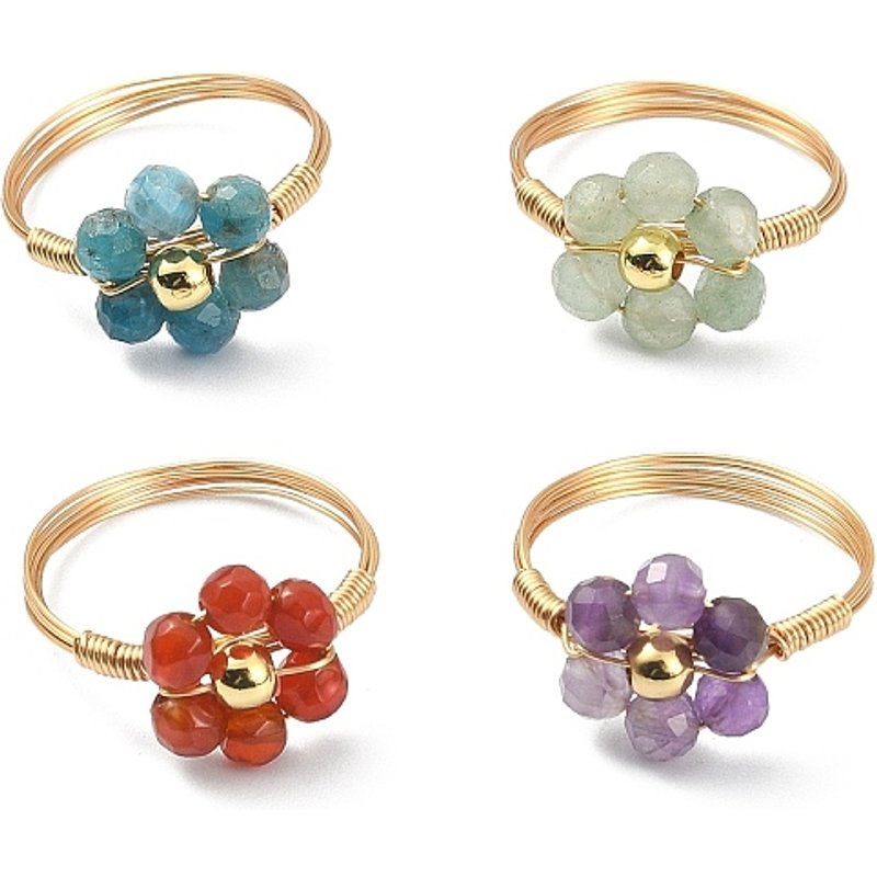 Ensemble de 4 bagues en fleurs de pierres gemmes mélangées - Plaqué or 18K — Bijoux fantaisie