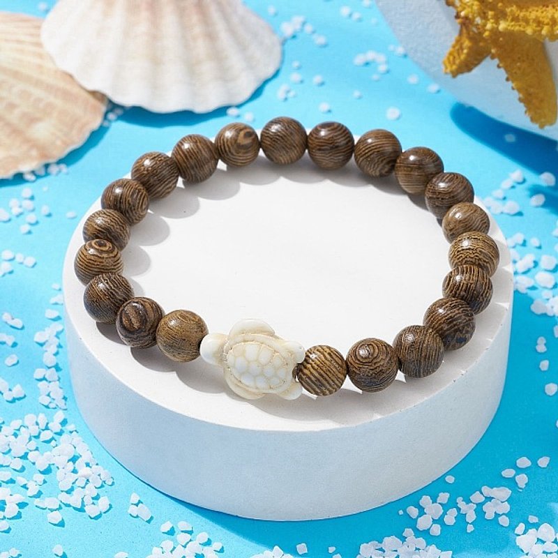 Bracelet Élastique en Bois Naturel et Turquoise avec Tortue pour Femmes — Bracelet Femme