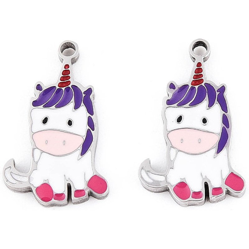 Charm en Émail Licorne en Acier Inoxydable 304, 14x8.5mm — Breloques et pendentifs