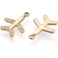 304 Stainless Steel Airplane Charm with Rhinestone, 14K Gold Plated