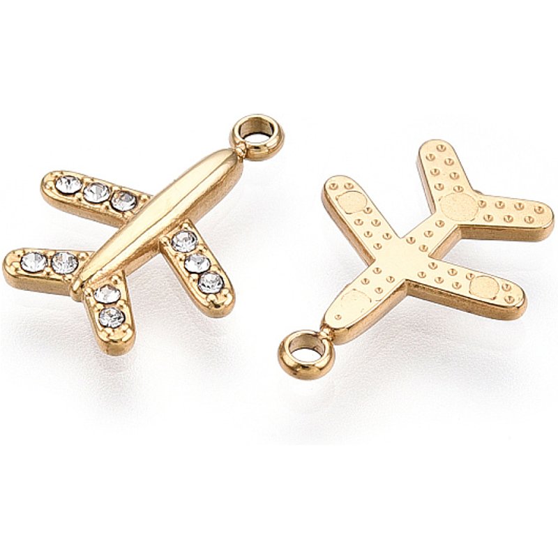 Charm avion en acier inoxydable 304 avec rhinestone, plaqué or 14K — Breloques et pendentifs