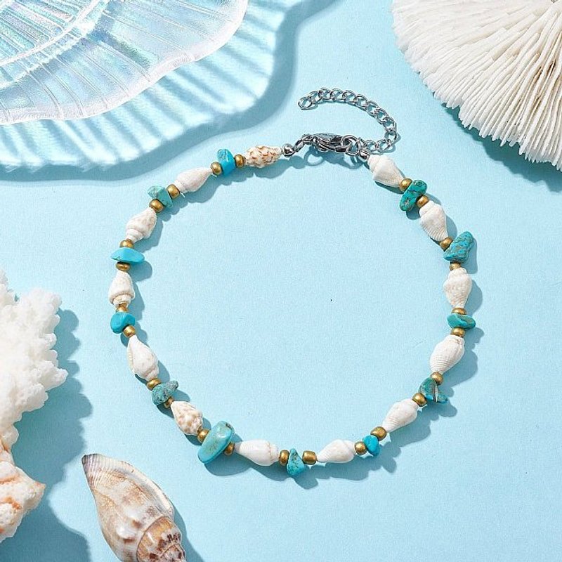 Synthetic Turquoise and Trumpet Shell Beaded Anklet — Anklet Women