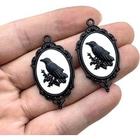 Alloy Enamel Oval Pendant with Raven Charm, Black, 43x23mm