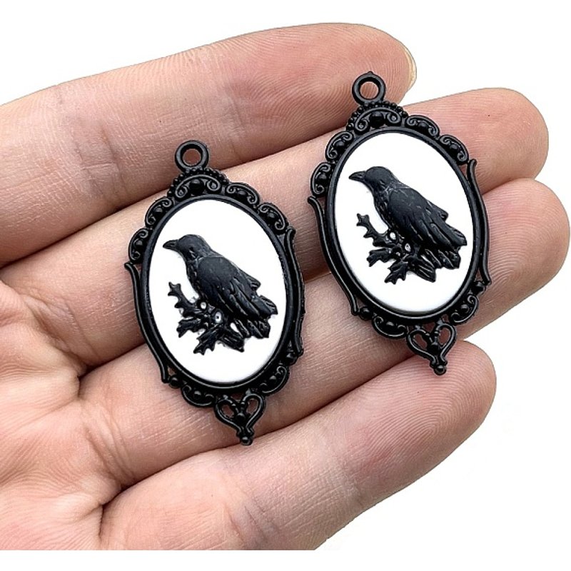 Pendentif Ovale en Émail Alliage avec Charme Corbeau, Noir, 43x23mm — Breloques et pendentifs