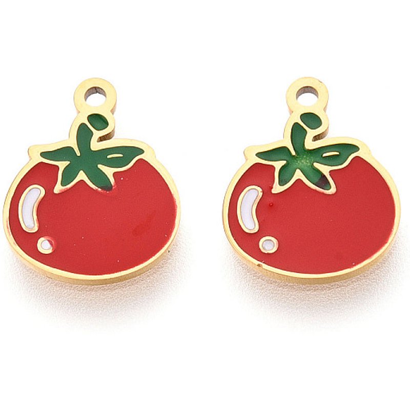 304 Stainless Steel Tomato Charm with Enamel and 14K Gold Plating — Charms & Pendants
