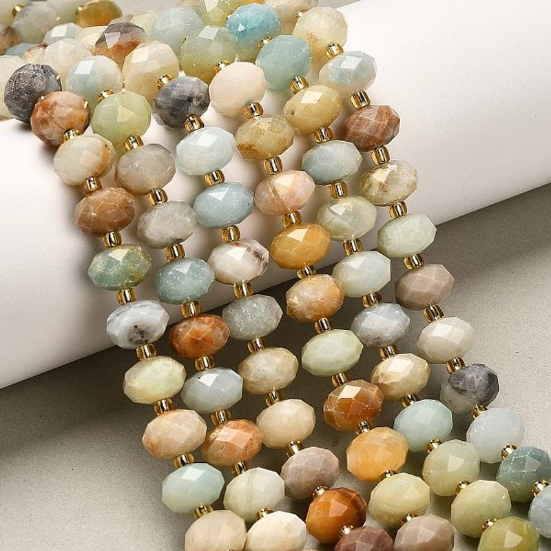 Brins de Perles Amazonite Fleur Naturelle, Facettées Rondelles avec Perles de Semence — Perles à bijoux
