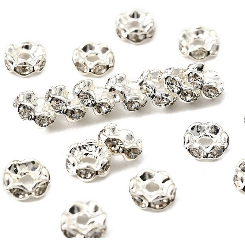 Perles Espacées en Laiton avec Strass, Plaqué Argent, 6mm — Perles à bijoux