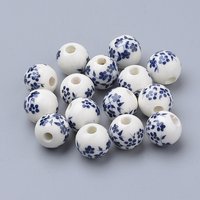 Handmade Printed Porcelain Beads, Round, Prussian Blue, 8mm — Jewelry Beads