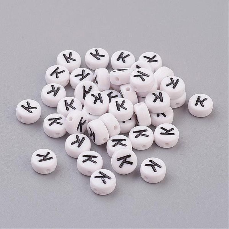 Flat Round Acrylic Beads with Letter K, White & Black — Jewelry Beads