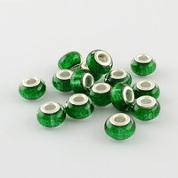Perles Européennes en Résine à Grand Trou Vert avec Noyaux en Laiton Plaqué Argent