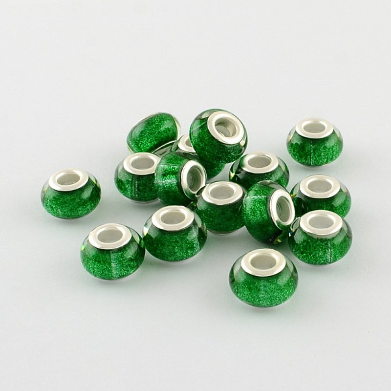 Perles Européennes en Résine à Grand Trou Vert avec Noyaux en Laiton Plaqué Argent — Perles à bijoux