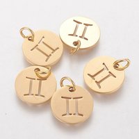 Charm en Acier Inoxydable 304, Rond Plat avec Signe du Zodiaque, Gémeaux — Breloques et pendentifs