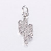 Brass Micro Pave Cubic Zirconia Cactus Charm, Platinum