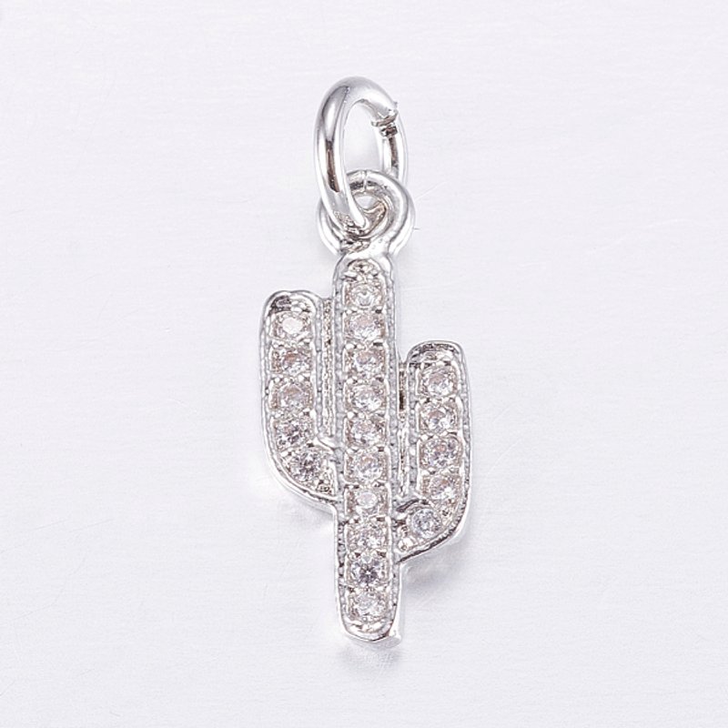 Brass Micro Pave Cubic Zirconia Cactus Charm, Platinum — Charms & Pendants