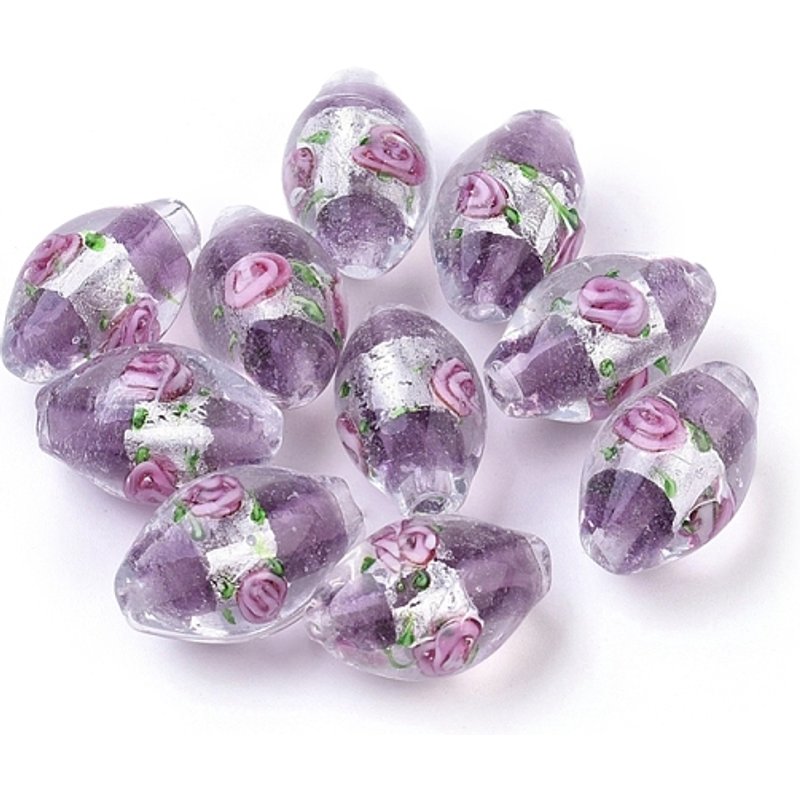 Handmade Silver Foil Glass Lampwork Beads, Oval Flower, Medium Purple — Jewelry Beads