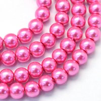 Baking Painted Pearlized Glass Round Bead Strands, Hot Pink