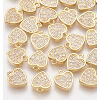 Brass Heart Charms with Clear Cubic Zirconia, 18K Gold Plated — Charms & Pendants