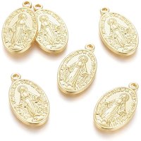 Brass Miraculous Medal Pendant with Virgin Mary, 18K Gold Plated