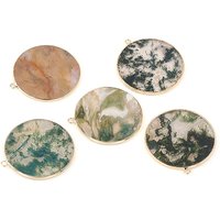 Natural Moss Agate Pendants with Brass Findings, Flat Round