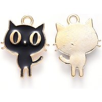 Alloy Enamel Cat Shape Pendant in Light Gold and Black