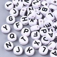White Opaque Acrylic Beads, Flat Round with Black Letter, 7x4mm — Jewelry Beads