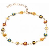 Golden Brass Flower Enamel Links Anklet with Curb Chains