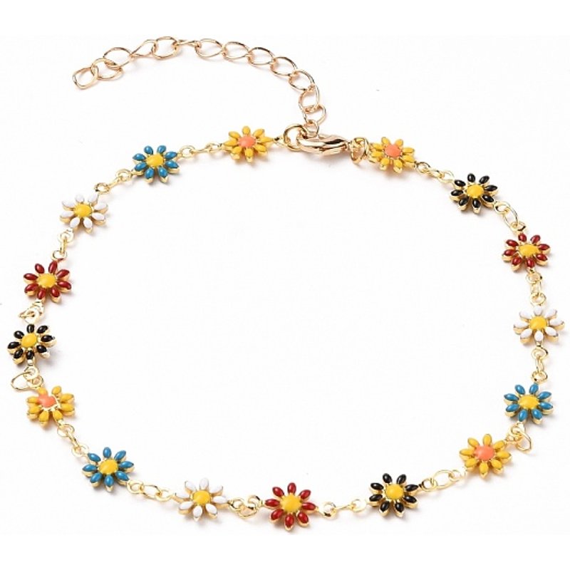 Golden Brass Flower Enamel Links Anklet with Curb Chains — Anklet Women