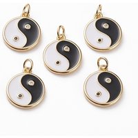 Brass Micro Pave Yin Yang Pattern Pendant with Enamel and Jump Rings — Charms & Pendants