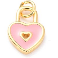 Pendentif en Émail en Laiton, Plaqué Or 18K, Cadenas en Cœur, Rose — Breloques et pendentifs