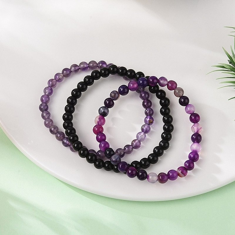 Ensemble de Bracelets Élastiques en Améthyste Naturelle et Agate Noire de 3 Pièces pour Femmes — Bracelet Femme