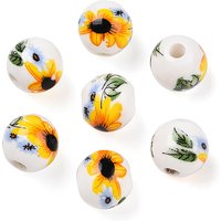 Handmade Porcelain Beads with Sunflower Pattern, White, 10mm — Jewelry Beads
