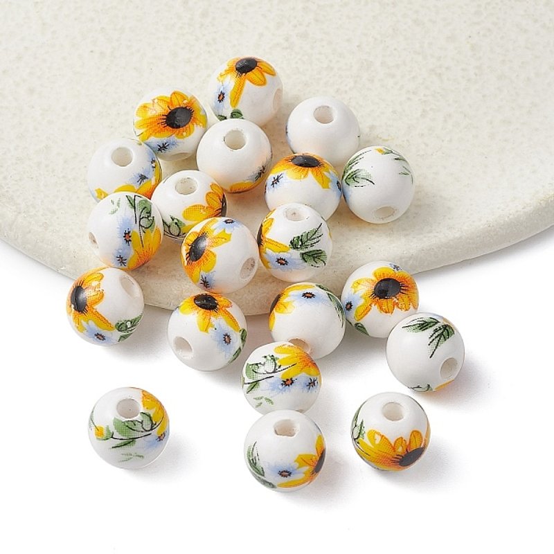 Handmade Porcelain Beads with Sunflower Pattern, Yellow, 10mm — Jewelry Beads