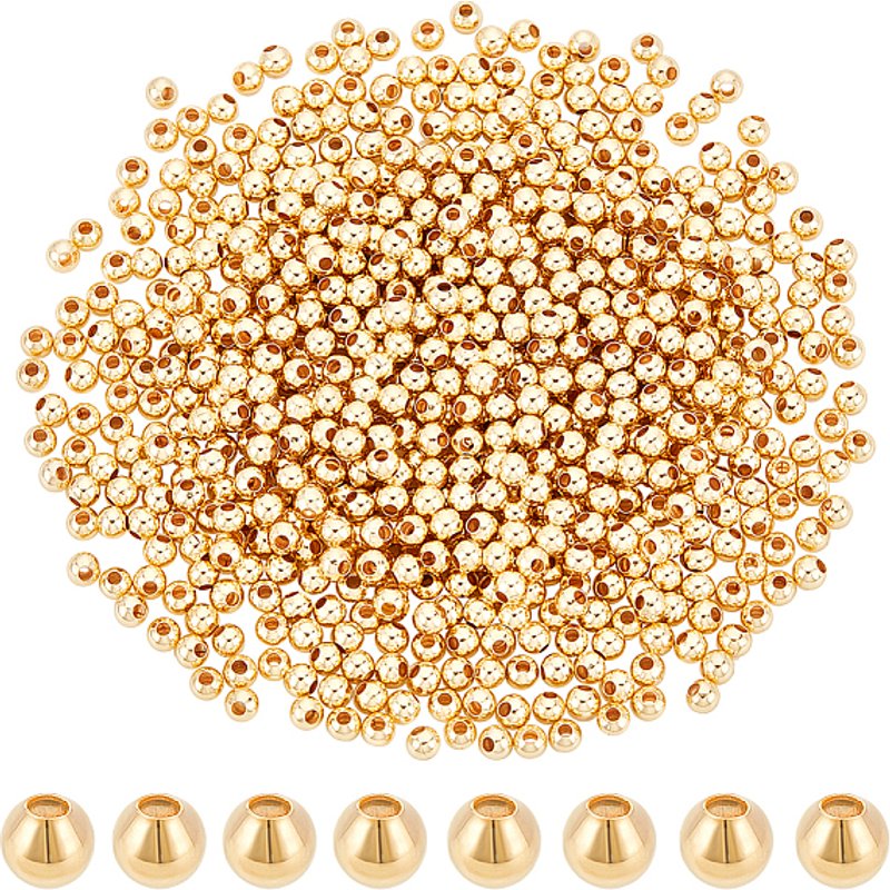 Perles Espacées Rondes en Laiton, Plaquées Or 18K, 3mm, 600pcs — Perles à bijoux