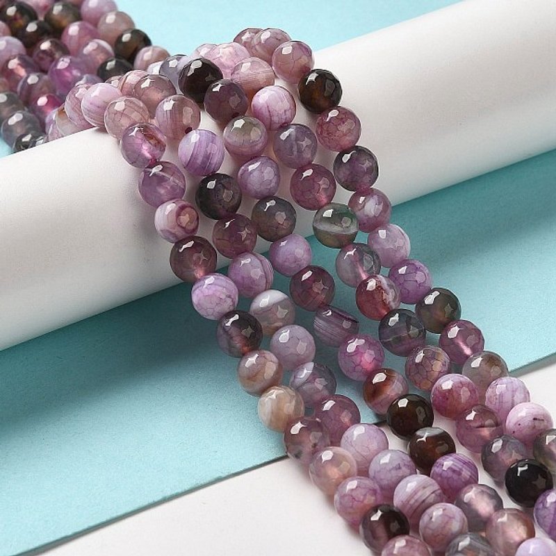 Brins de perles d'agate naturelle, teintées et chauffées, rondes facettées, vieux rose — Perles à bijoux