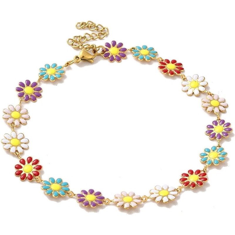 Bracelet de cheville en acier inoxydable 304 avec chaîne en fleur marguerite émaillée pour femmes — Bracelet de cheville Femme