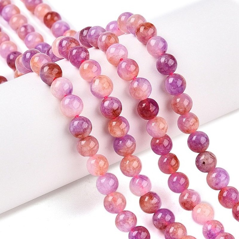 Brins de perles de jade blanc teinté, deux tons, rose vif, 6mm — Perles à bijoux