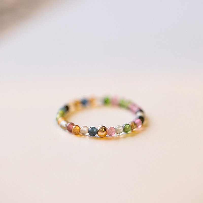 Bague en perles rondes de tourmaline arc-en-ciel naturelle, dorée, taille 6 — Bijoux fantaisie