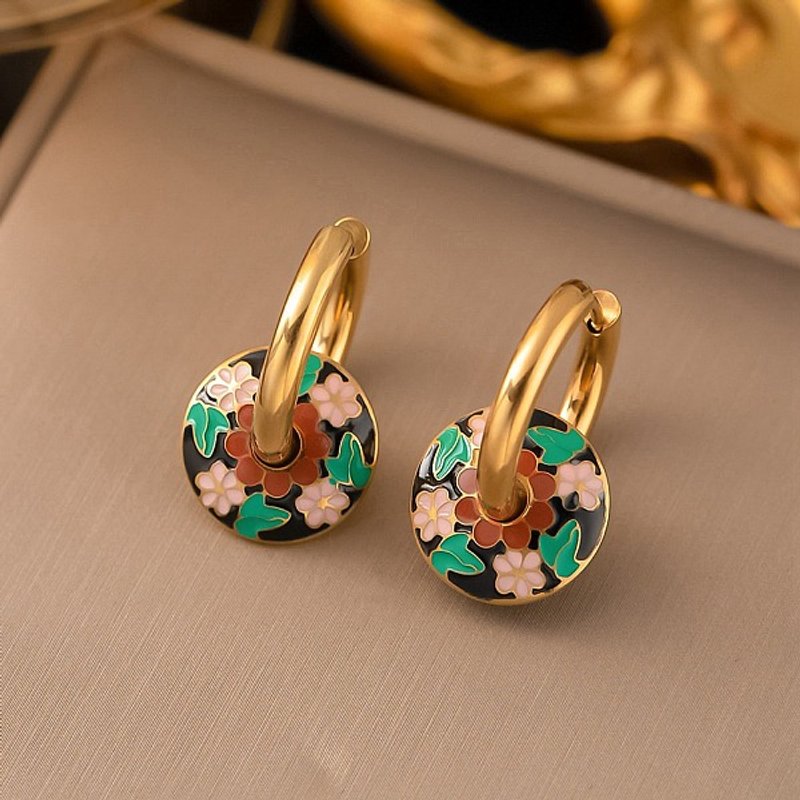 304 Stainless Steel Enamel Hoop Earrings with Flower Pattern — Hoop Earrings