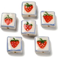 Perles en porcelaine faites à la main, carrées, fraise, 16x16x7mm — Perles à bijoux