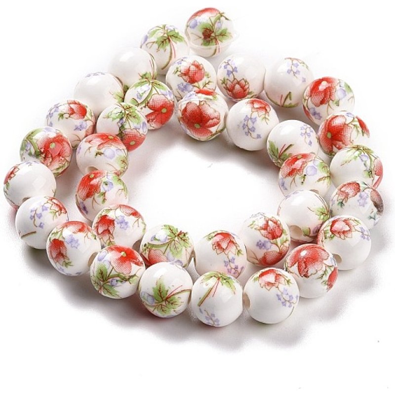 Handmade Flower Printed Porcelain Ceramic Beads Strands, Red, 10mm — Jewelry Beads