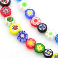 Fils de perles en verre Millefiori faits main, ronds plats, couleurs variées — Perles à bijoux