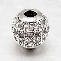 Round Brass Micro Pave Cubic Zirconia Beads, Clear, Platinum, 8mm