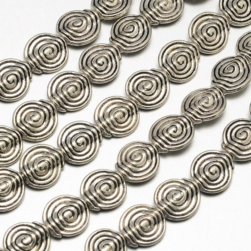 Brins de perles en alliage plat rond/vortex de style tibétain, argent antique — Perles à bijoux