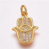 Brass Micro Pave Cubic Zirconia Hamsa Hand Pendant with Eye