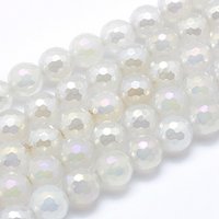 Fils de Perles en Agate Naturelle Électroplaquée, Ronde, Blanche, 8mm