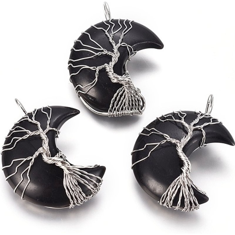 Pendentif en obsidienne naturelle avec arbre de vie et finitions en laiton — Breloques et pendentifs