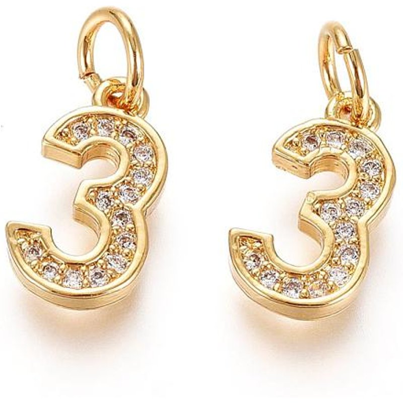 Brass Micro Pave Clear Cubic Zirconia Charm, 18K Gold Plated, Num.3 — Charms & Pendants