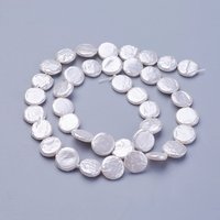 Shell Pearl Beads Strands, Flat Round, Snow, 10-13.5mm, 15.55-15.94 inch